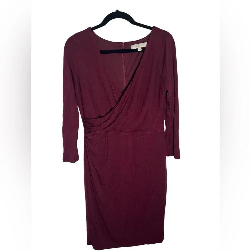 Loft Burgundy 3/4 Length Sleeve Dress Size Medium - Picture 1 of 4